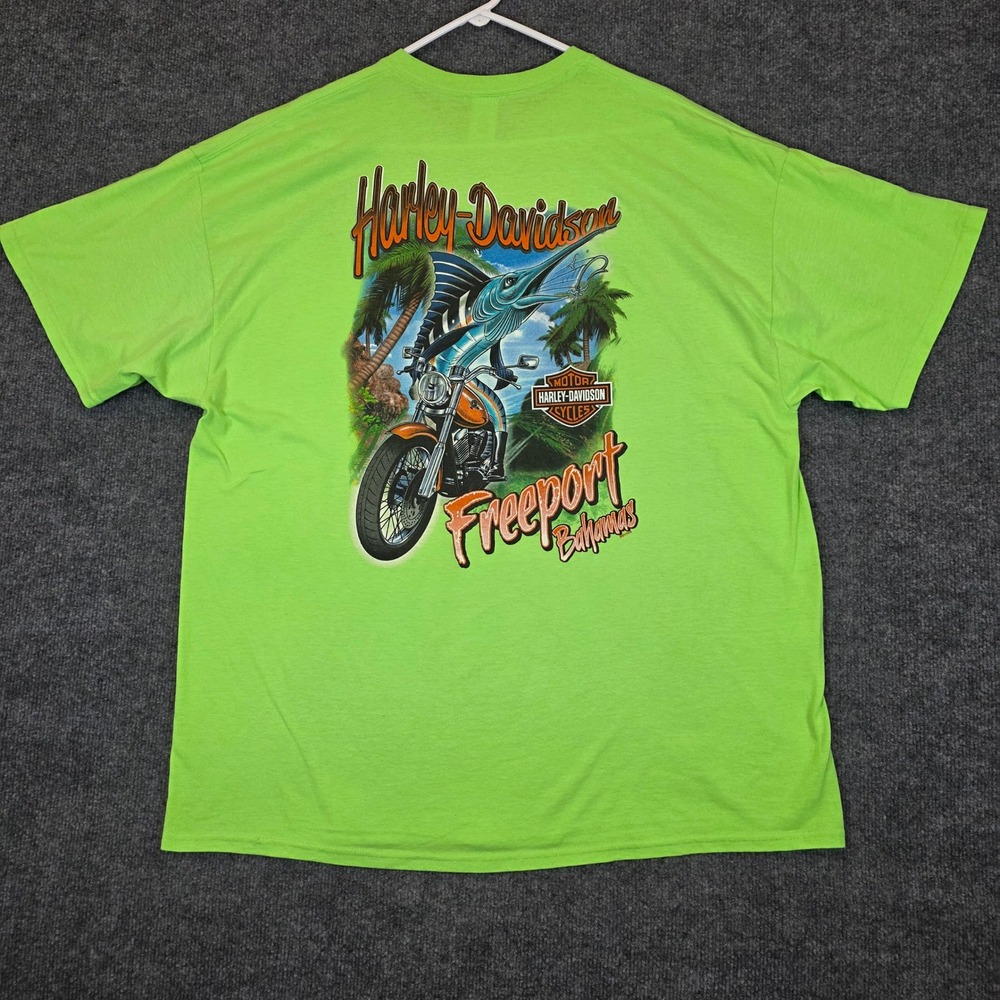 Harley Davidson T Shirt Mens 2XL Green Freeport Bahamas Marlin Graphic 2017